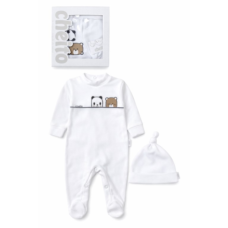 Pack de regalo en caja. Enterito + gorro plush. Baby Cheito.