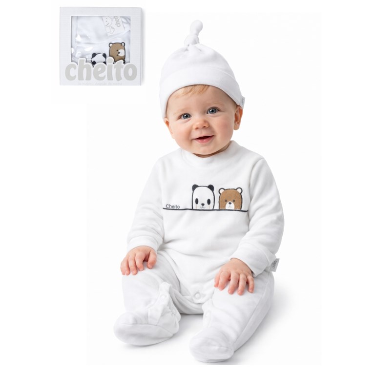 Pack de regalo en caja. Enterito + gorro plush. Baby Cheito.