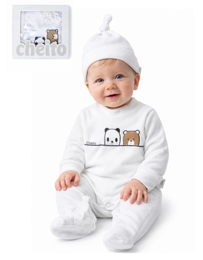 Pack de regalo en caja. Enterito + gorro plush. Baby Cheito.
