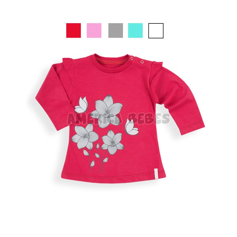 Remera nena color c/estampa flores y manga volado. Colores surtidos. Baby Cheito.