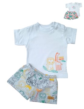 CONJUNTO SHORT RUSTICO ESTAMPADO ELASTIZADO Y REMERA SELVA FLORES BABY CHEITO