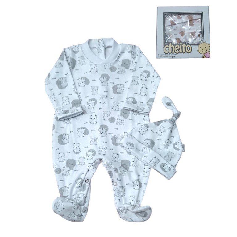 PACK DE REGALO, UNISEX ENTERITO ESTAMPADO Y GORRO. BABY CHEITO