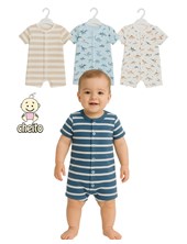 Enterito de algodon bebe varon estampado rayas y dinos con broches delanteros linea moda.Baby cheito