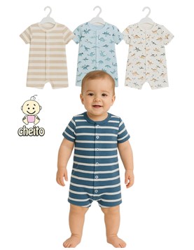 Enterito de algodon bebe varon estampado rayas y dinos con broches delanteros linea moda.Baby cheito