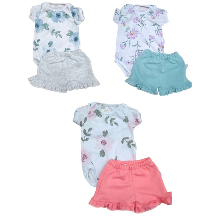 Conjunto de algodon para beba con body floreado y short liso. Baby cheito