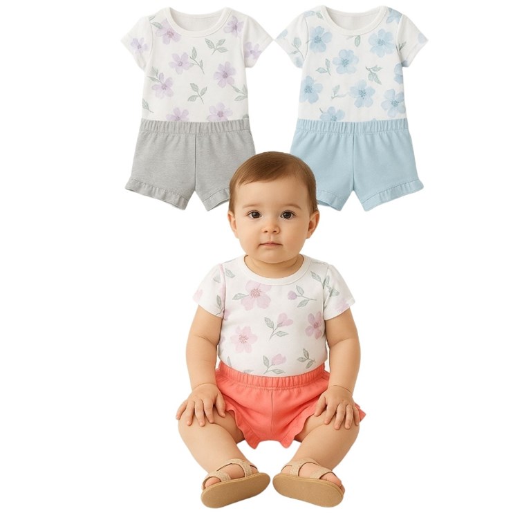 Conjunto de algodon para beba con body floreado y short liso. Baby cheito