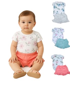 Conjunto de algodon para beba con body floreado y short liso. Baby cheito