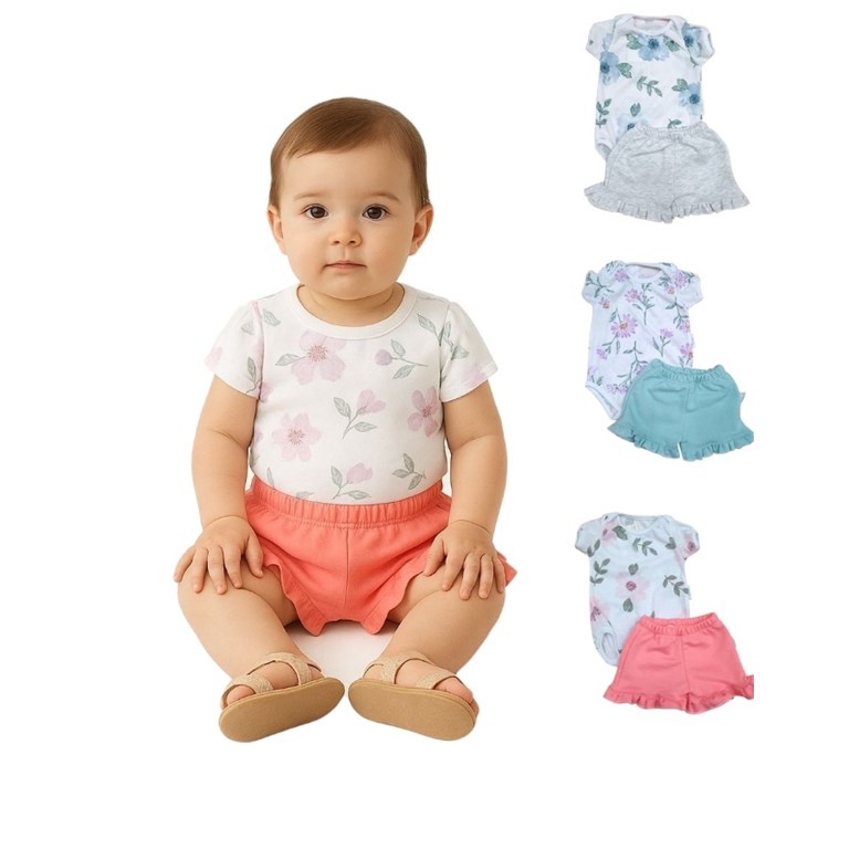 Conjunto de algodon para beba con body floreado y short liso. Baby cheito