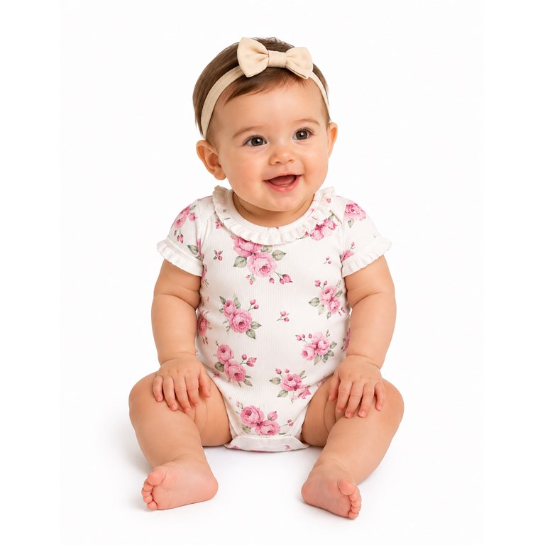BODY DE MICROMORLEY CON VOLADOS ESTAMPA FLORES PARA BEBA. BABY CHEITO