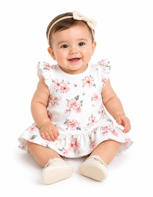 VESTIDO  EN MICROMORLEY CON VOLADOS ESTAMDO FLORES BEBA. BABY CHEITO