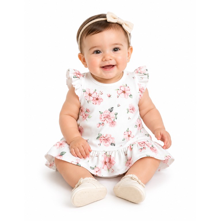 VESTIDO  EN MICROMORLEY CON VOLADOS ESTAMDO FLORES BEBA. BABY CHEITO