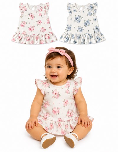 VESTIDO  EN MICROMORLEY CON VOLADOS ESTAMDO FLORES BEBA. BABY CHEITO
