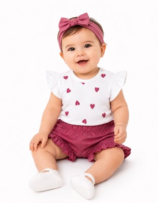 CONJUNTO  EN JEAN COLOR. BODY ESTAMPADO SHORT CON VOLADOS. BABY CHEITO