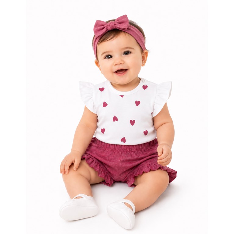 CONJUNTO  EN JEAN COLOR. BODY ESTAMPADO SHORT CON VOLADOS. BABY CHEITO