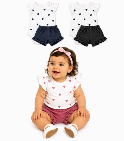 CONJUNTO  EN JEAN COLOR. BODY ESTAMPADO SHORT CON VOLADOS. BABY CHEITO