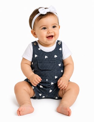 JARDINERO DE JEAN ESTAMPADO + REMERA CLASICA BLANCA MANGA CORTA VOLADOS. BABY CHEITO
