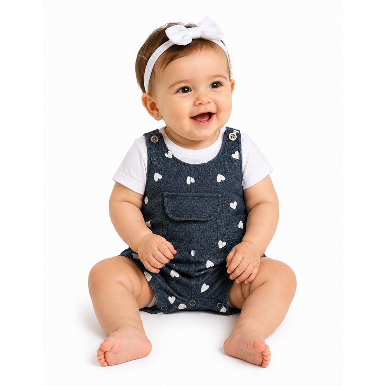 JARDINERO DE JEAN ESTAMPADO + REMERA CLASICA BLANCA MANGA CORTA VOLADOS. BABY CHEITO