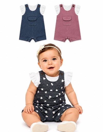 JARDINERO DE JEAN ESTAMPADO + REMERA CLASICA BLANCA MANGA CORTA VOLADOS. BABY CHEITO