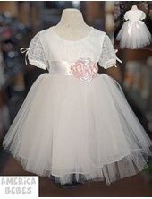 VESTIDO BAUTISMO PARA BEBA CON PECHERA DE ENCAJE Y FALDA TUL CON BOUQUET DE FLORES EN CINTURA