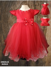 VESTIDO BEBA PARA FIESTA O CORTEJO RASO ITALIANO ROJO CON TUL Y PERLAS BLANCAS ISABEL