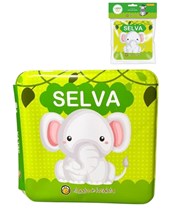 LIBRO PARA EL BAÑO ESTAMPADO ANIMALES DE LA SELVA. GATO DE HOJALATA. MED 15 X 15 CM