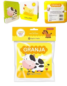 LIBRO PARA EL AGUA ESTAMPADO ANIMALES DE LA GRANJA. GATO DE HOJALATA. MED. 15 X 15 CM.