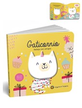 LIBRO ILUSTRADO GATICORNIO , SQUISHY CON CHIFLE EN TAPA. GATO HOJALATA. MED. 18 X 18 CM.