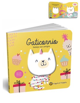 LIBRO ILUSTRADO GATICORNIO , SQUISHY CON CHIFLE EN TAPA. GATO HOJALATA. MED. 18 X 18 CM.