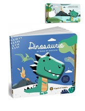 LIBRO ILUSTRADO DINOSAURIOS, SQUISHY CON CHIFLE EN TAPA. GATO DE HOJALATA. MED. 18 X 18 CM