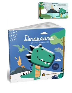 LIBRO ILUSTRADO DINOSAURIOS, SQUISHY CON CHIFLE EN TAPA. GATO DE HOJALATA. MED. 18 X 18 CM