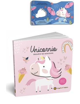 LIBRO ILUSTRADO UNICORNIO, SQUISHY CON CHIFLE EN TAPA. GATO DE HOJALATA. MED. 18 X 18 CM.