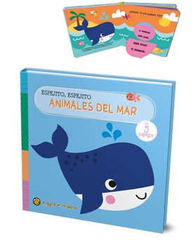 LIBRO SENSORIAL ILUSTRADO ANIMALES DEL MAR CON ESPEJO ESCONDIDO DETRAS DE CADA SOLAPA. GATO DE HOJALATA. MED. 19 X 19 CM.