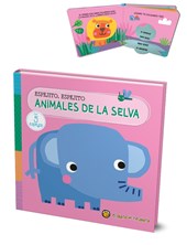 LIBRO SENSORIAL ILUSTRADO ANIMALES DE LA SELVA CON ESPEJITO ESCONDIDO EN CADA SOLAPA. GATO DE HOJALATA. MED. 19 X 19 CM.