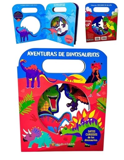 LIBRO VALIJA ILUSTRADO DINOSAURIOS , TROQUELADO. GATO DE HOJALATA. MED. 18 X 21 CM