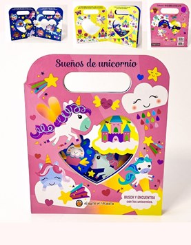 LIBRO VALIJA ILUSTRADO UNICORNIO ,TROQUELADO. GATO DE HOJALATA. MED. 18 X 21 CM.