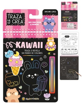 LIBRO KAWAII , PARA CREAR Y COLOREAR FORMAS CON LAPIZ DE MADERA QUE INCLUYE. GATO DE HOJALATA. MED. 15 X 19 CM.