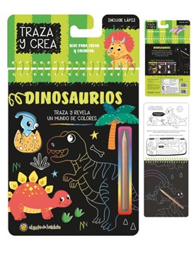 LIBRO DINOSAURIOS, PARA CREAR Y COLOREAR UTILIZANDO LAPIZ DE MADERA QUE INCLUYE. GATO DE HOJALATA. MED. 15 X 19 CM.