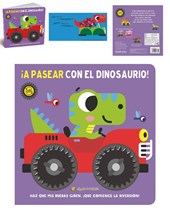 LIBRO ILUSTRADO DINOSAURIOS QUE PASEAN EN DIFERENTES VEHICULOS, EN LA TAPA INCLUYE  RUEDAS QUE GIRAN. GATO DE HOJALATA. MED. 20 X 20 CM.