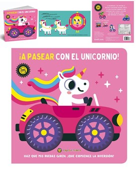 LIBRO ILUSTRADO UNICORNIOS EN DEFERENTES VEHICULOS , EN LA TAPA INCLUYE RUEDAS QUE GIRAN. GATO DE HOJALATA. MED. 20 X 20 CM.