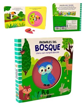 LIBRO CON ROMPECABEZAS DE ANIMALES DEL BOSQUE. GATO DE HOJALATA. MED. 15 X 15 CM.