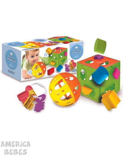 Set de regalo 3 en 1. Cubo Encastre Didactico, morllos y pelota sonajero 32X14X14 CM Duravit