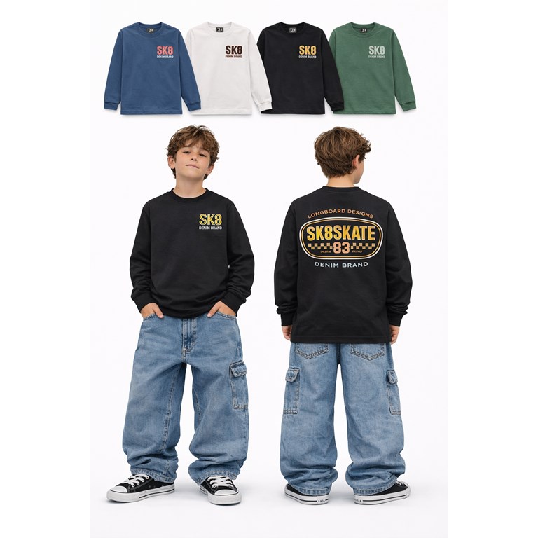 REMERA  PARA NENE MANGA LARGA, ESTAMPA FRONTAL Y ESPALDA 'SK8SKATE'. FLIRTY