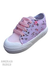 206FR ZAPATILLA ACORDONADA ROSA CON FLORES Y PUNTERA  PARA BEBA SOL LOLO