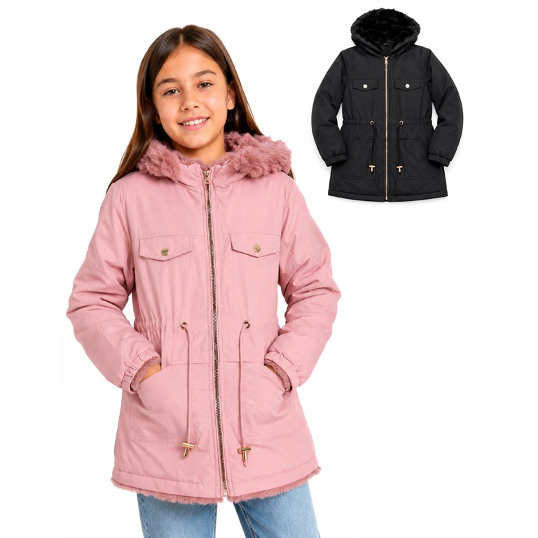 CAMPERA PARA NENA REVERSIBLE FORRADA EN CORDERITO ESTILO PARKA CON CAPUCHA CON PIEL. OLIVIA