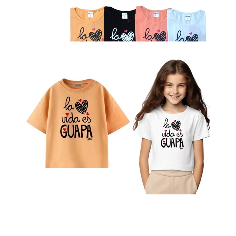 REMERA MANGA CORTA NENA ESTAMPA 'LA VIDA ES GUAPA'. GRUNY