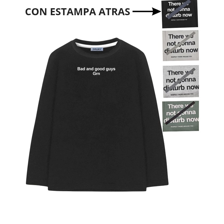 REMERA MANGA LARGA NENE, ESTAMPA DELANTERA Y ESPALDA 'BAD AND GOOD GUYS GRN'. GRUNY