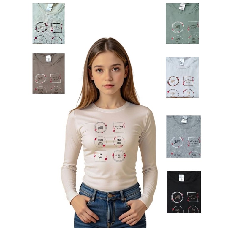 REMERA DE NENA MANGA LARGA RIB DE ALGODÓN CON ESTAMPA CENTRAL.. GRUNY