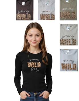 REMERA NENA MANGA LARGA RIB DE ALGODÓN, ESTAMPA 'YOUNG WILD FREE. GRUNY