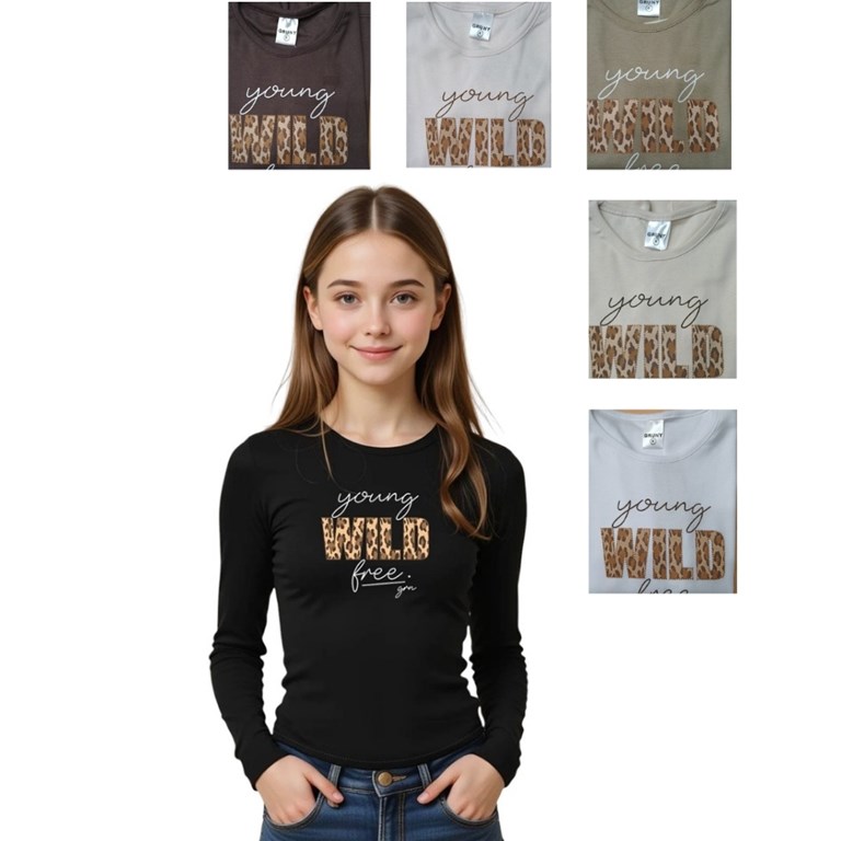 REMERA NENA MANGA LARGA RIB DE ALGODÓN, ESTAMPA 'YOUNG WILD FREE. GRUNY