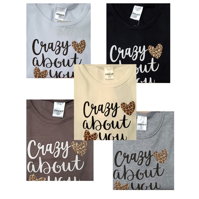 REMERA NENA MANGA LARGA RIB DE ALGODÓN, ESTAMPA 'CRAZY ABOUT YOU'. GRUNY